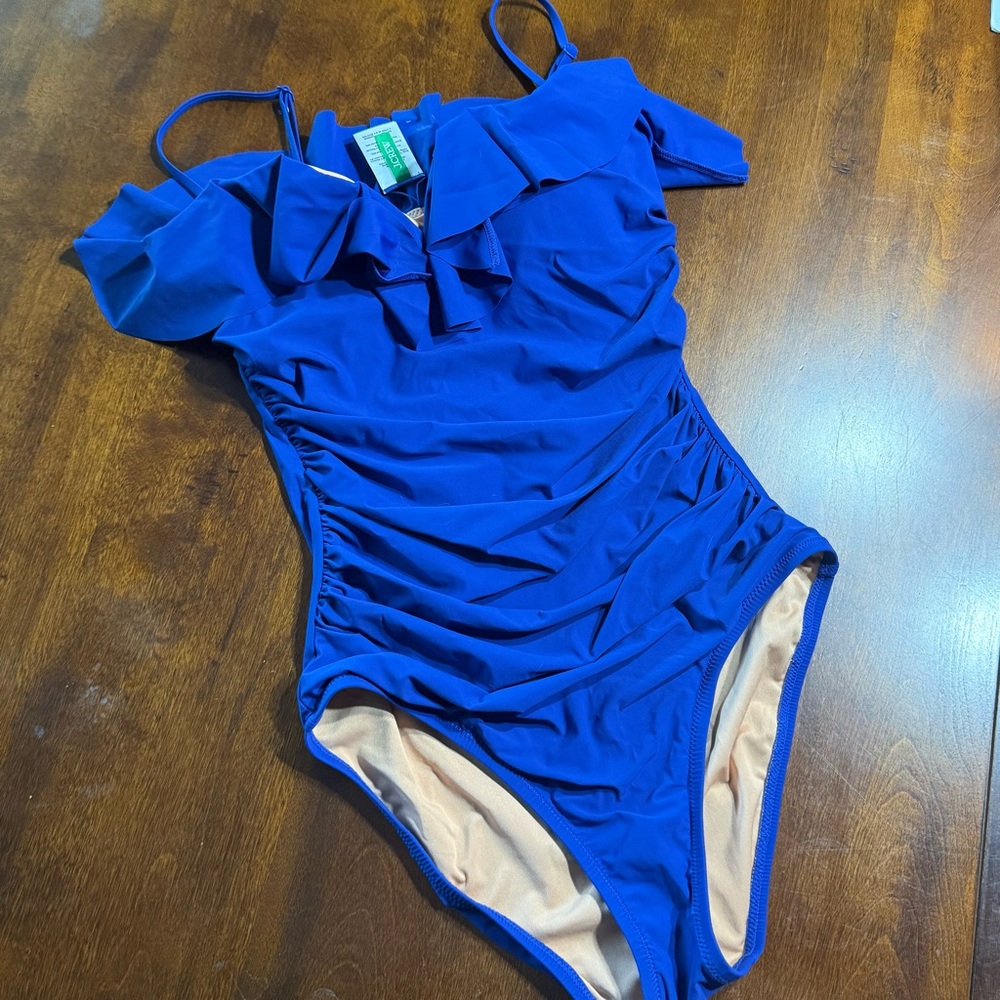 J Crew Blue Ruffled One-Piece Swimsuit Sweetheart Neckline, Removable Straps